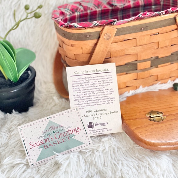 Vtg Longaberger Seasons Greetings Basket w/Liner Protector 1992 Christmas green - Picture 9 of 16